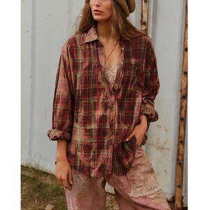 JAK Western Distressed Plaid Shirt Tunic Button Front and Back size M